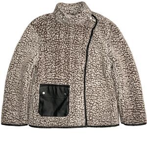Dylan Small Jacket Open Sherpa Teddy Snap Neck Brown Gray Black Trim Women's S